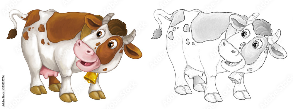Fototapeta premium Cartoon sketch scene with cow bull is looking and smiling - illustration