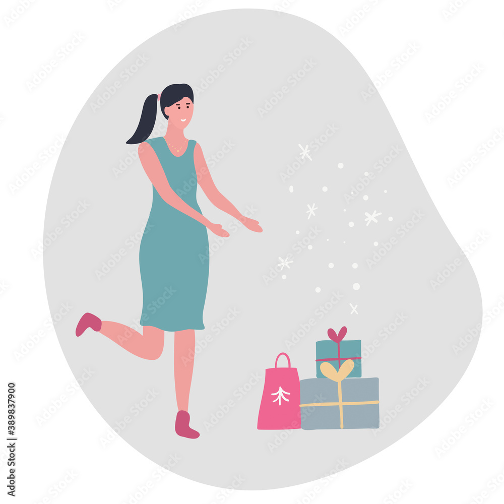Merry Christmas and Happy New Year vector cards. Christmas illustration with girl, gift boxes, snowflakes. Beautiful woman in a festive dress. Christmas flat style.