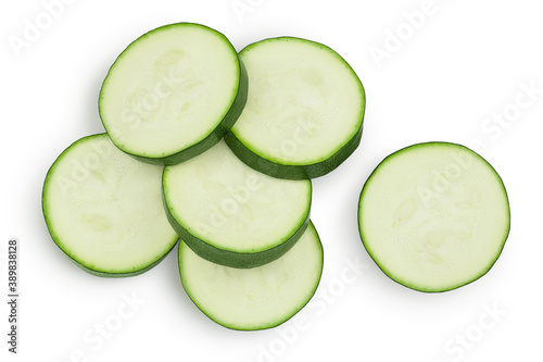 Fresh sliced zucchini isolated on white background with clipping path and full depth of field. Top view. Flat lay