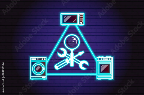 Repair, maintenance of household appliances - a symbol in the form crossed screwdriver, wrench and magnifier on background of brick illuminated wall