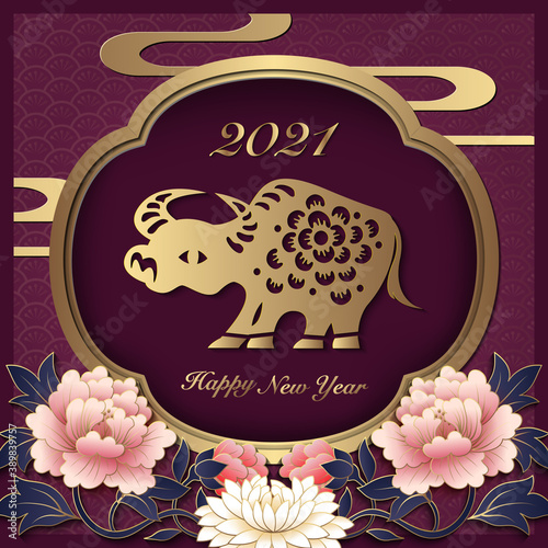 2021 Happy Chinese new year of ox golden purple reliefpeony flower lantern window frame