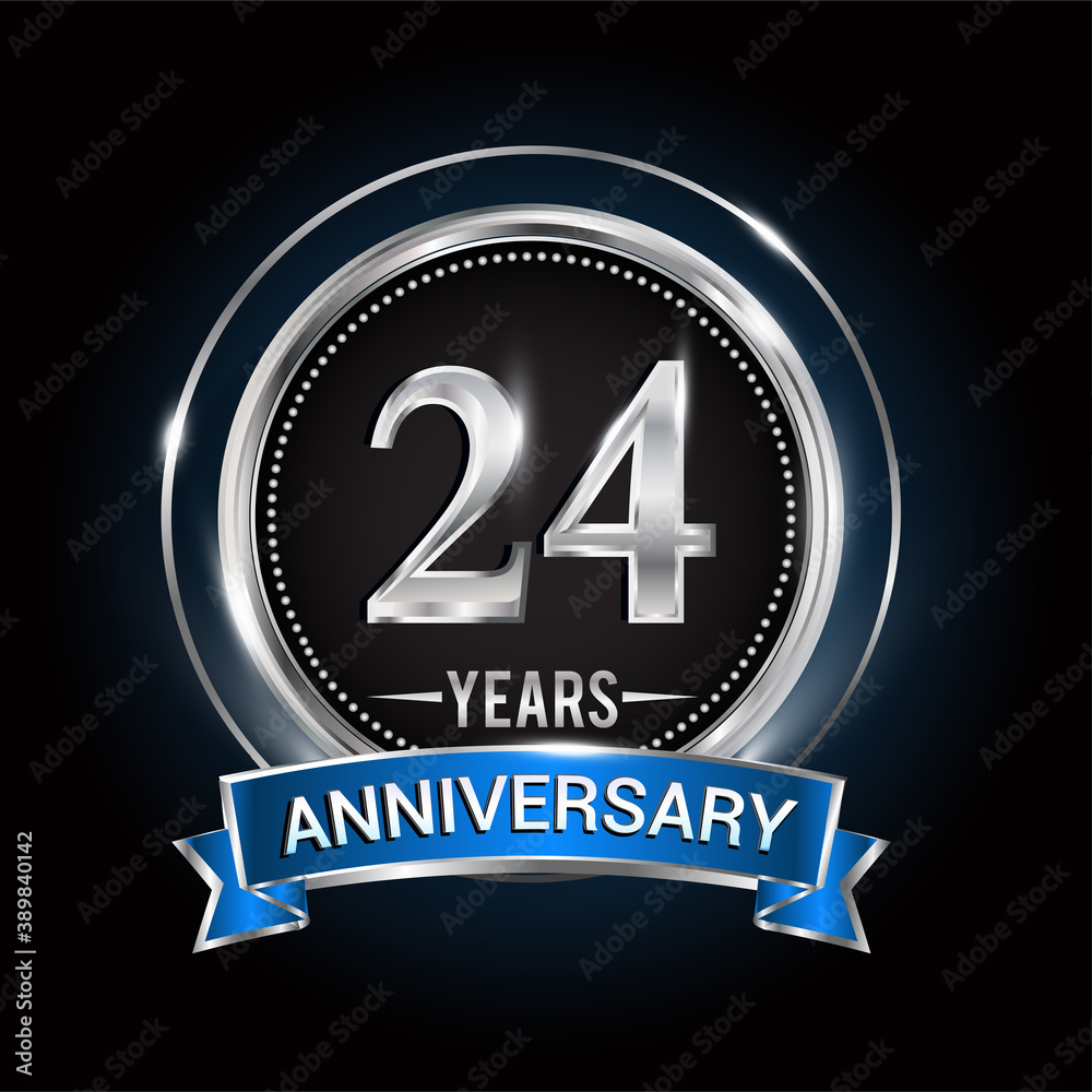 24th birthday logo with silver ring and blue ribbon, Vector design template elements for anniversary celebration, wedding, jubilee, greeting card, invitation, party. 24th birthday logo with silver ring and blue ribbon, Vector design template elements for anniversary celebration, wedding, jubilee, greeting card, invitation, party.