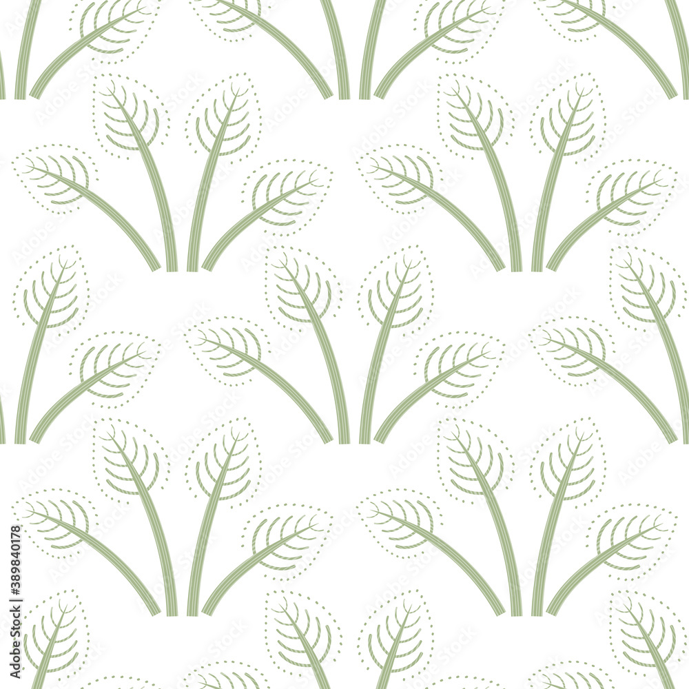Bunches of painterly vector folk art leaves seamless pattern background. Pastel green white backdrop with hand drawn scandi style foliage. Geometric damask leaf design.Botanical all over print.