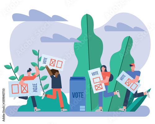 group of voters with voting cards and urn election day