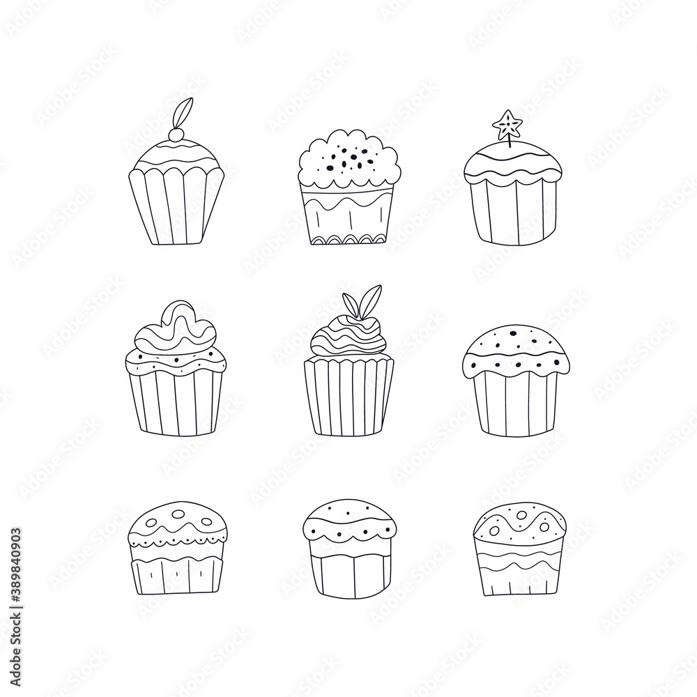 Vector set of different line cupcakes and muffins. Outline icons, hand drawn doodle.