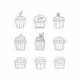 Vector set of different line cupcakes and muffins. Outline icons, hand drawn doodle.