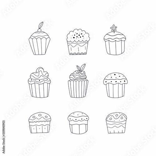 Vector set of different line cupcakes and muffins. Outline icons  hand drawn doodle.