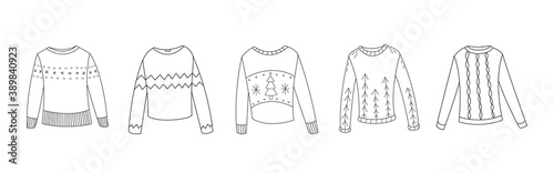 Collection of line christmas sweaters or jumpers with various winter prints. Knitted woolen warm clothing pullovers. Vector outline illustration. 	
