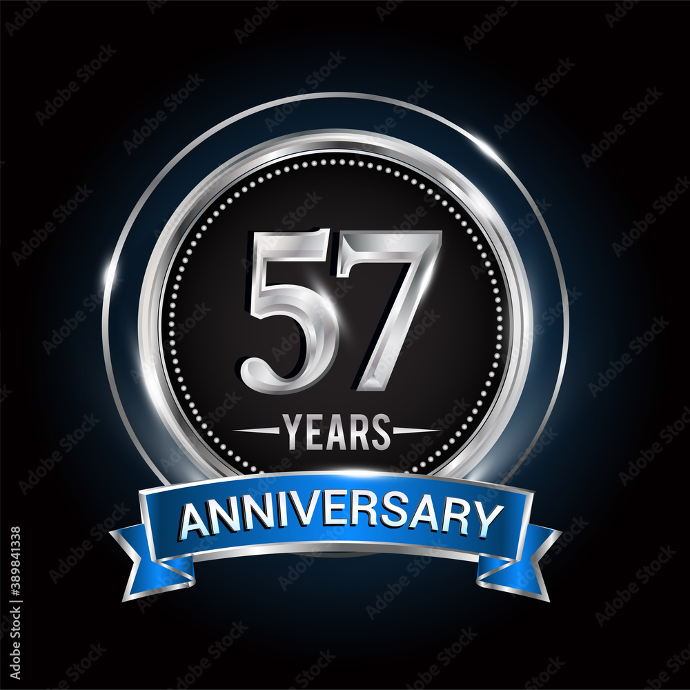 57th birthday logo with silver ring and blue ribbon, Vector design template elements for anniversary celebration, wedding, jubilee, greeting card, invitation, party.