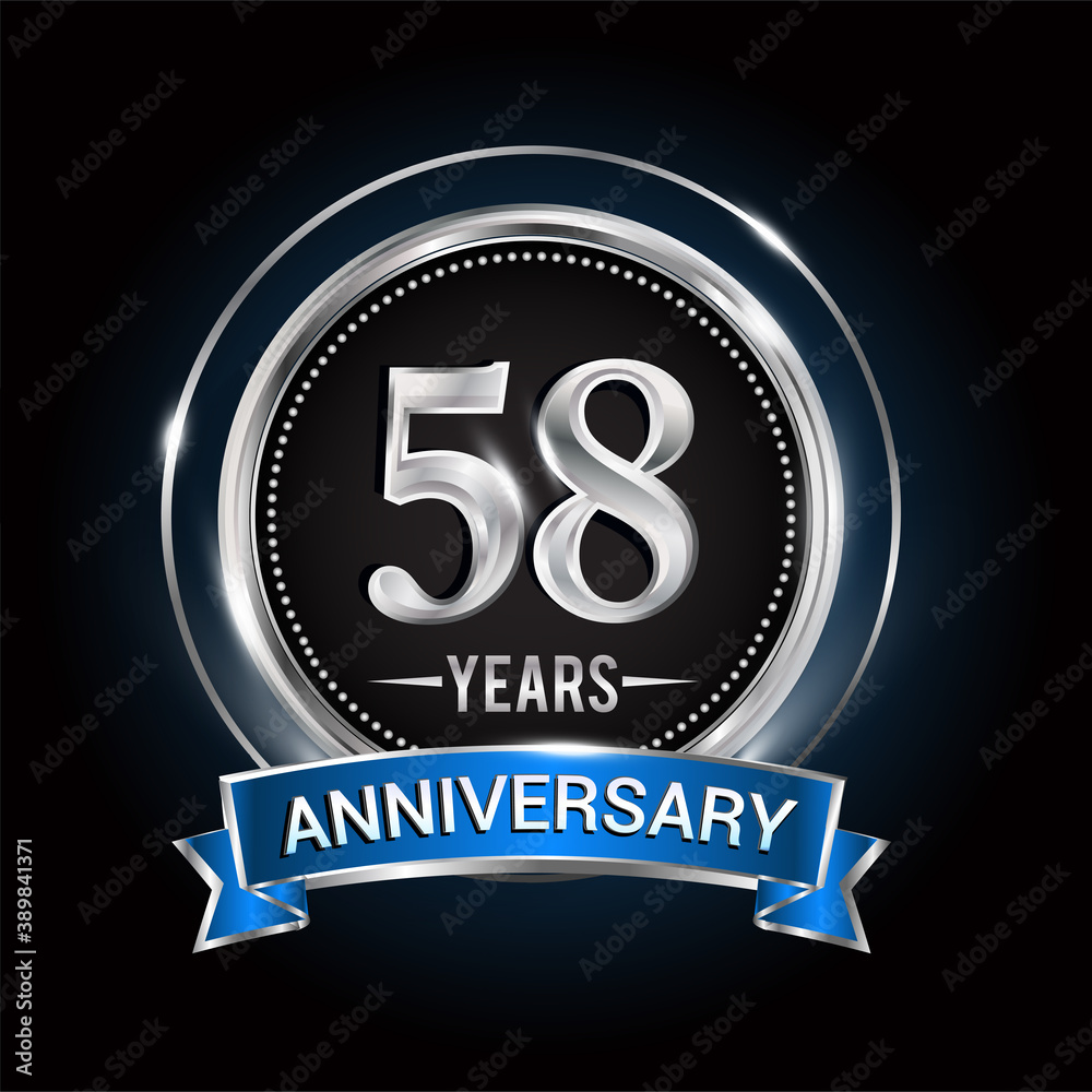 Fototapeta premium 58th birthday logo with silver ring and blue ribbon, Vector design template elements for anniversary celebration, wedding, jubilee, greeting card, invitation, party.