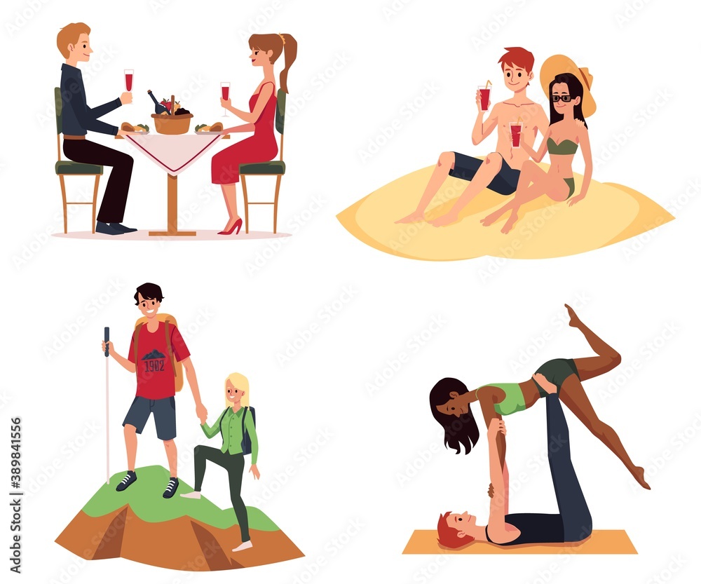 Set of joint activities of happy couple in love a vector isolated illustrations. Set of joint activities of happy couple in love a vector isolated illustrations.