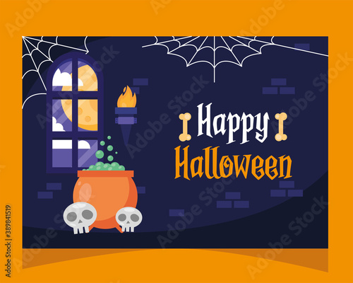 happy halloween lettering card with cauldron and skulls in castle photo