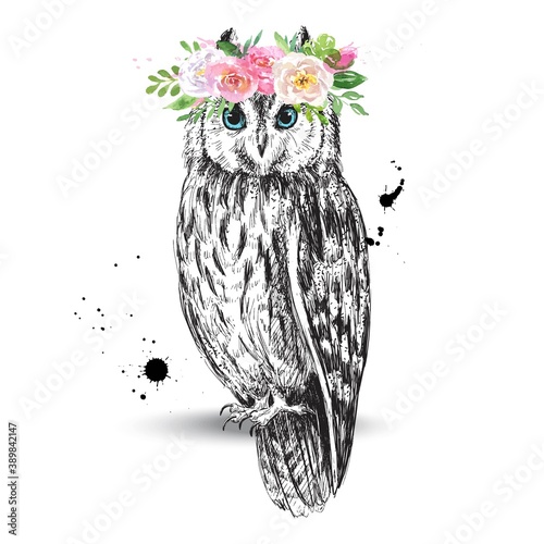 Owl with flower wreath, vintage vector sketch illustration.