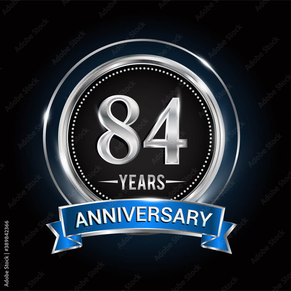 84th birthday logo with silver ring and blue ribbon, Vector design template elements for anniversary celebration, wedding, jubilee, greeting card, invitation, party. 84th birthday logo with silver ring and blue ribbon, Vector design template elements for anniversary celebration, wedding, jubilee, greeting card, invitation, party.