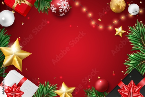 Merry christmas and happy new year banner with balls and confetti