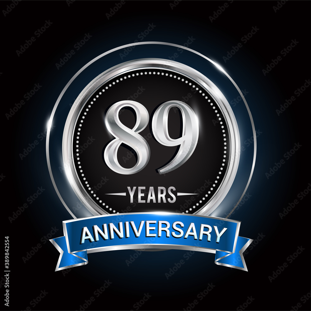 89th birthday logo with silver ring and blue ribbon, Vector design template elements for anniversary celebration, wedding, jubilee, greeting card, invitation, party.