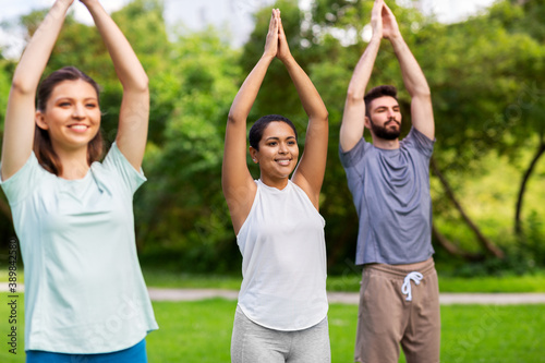 fitness  sport and healthy lifestyle concept - group of happy people doing yoga at summer park