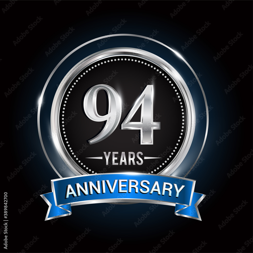 94th birthday logo with silver ring and blue ribbon, Vector design template elements for anniversary celebration, wedding, jubilee, greeting card, invitation, party.