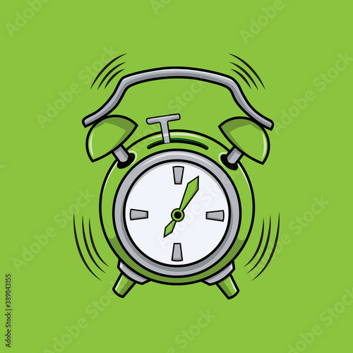 cartoon alarm clock ringing and expression with wake up text. Vector bright dynamic cartoon object isolated on green background
