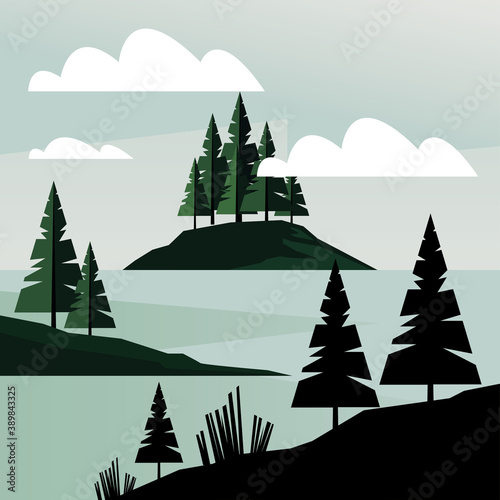 beautiful landcape scene with coniferus forest and lake