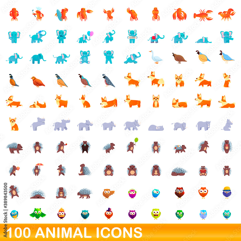 100 animal icons set. Cartoon illustration of 100 animal icons vector set isolated on white background