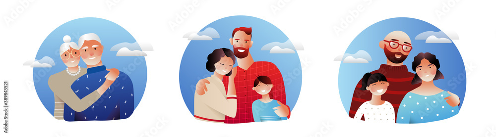 Fototapeta premium Illustrations of families, parents with children and elderly couple