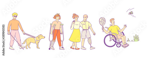 Disabled people with disabilities and wheelchairs. People on artificial legs on crutches, blind man with guide dog. Handicapped person in wheelchairs. Disabled friends help each other flat