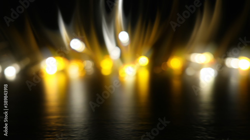 Dark abstract background with neon blurred golden lights. Reflection on the surface of the golden bokeh. Flames, smoke, fire.