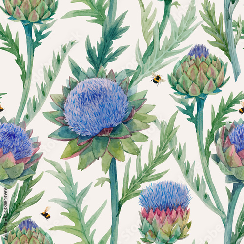 Beautiful vector seamless floral pattern with watercolor gentle blue blooming artichoke flowers. Stock illustration.