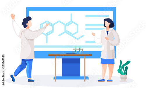 Medical workers in lab rejoice at the invention. People in white coat work with a test tube, virologist, chemical researchers with laboratory equipment. Illustration of science experiment with vaccine