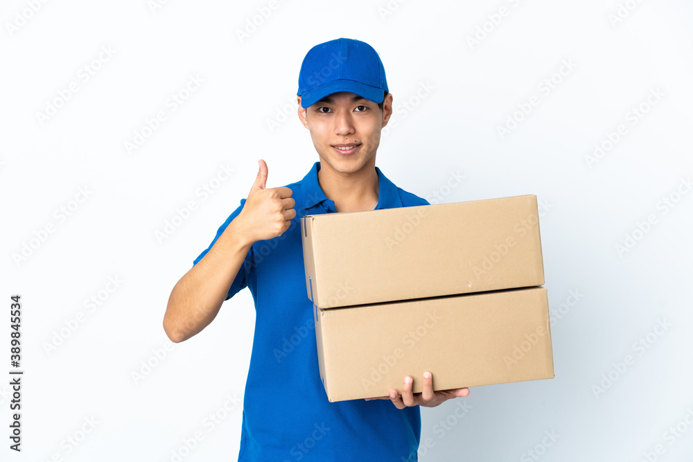Delivery Chinese man isolated on white background giving a thumbs up gesture Delivery Chinese man isolated on white background giving a thumbs up gesture