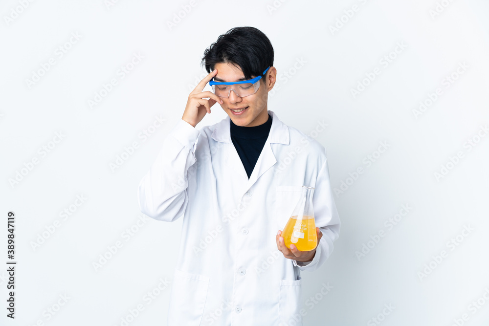 Young Chinese scientific man isolated on white background laughing Young Chinese scientific man isolated on white background laughing
