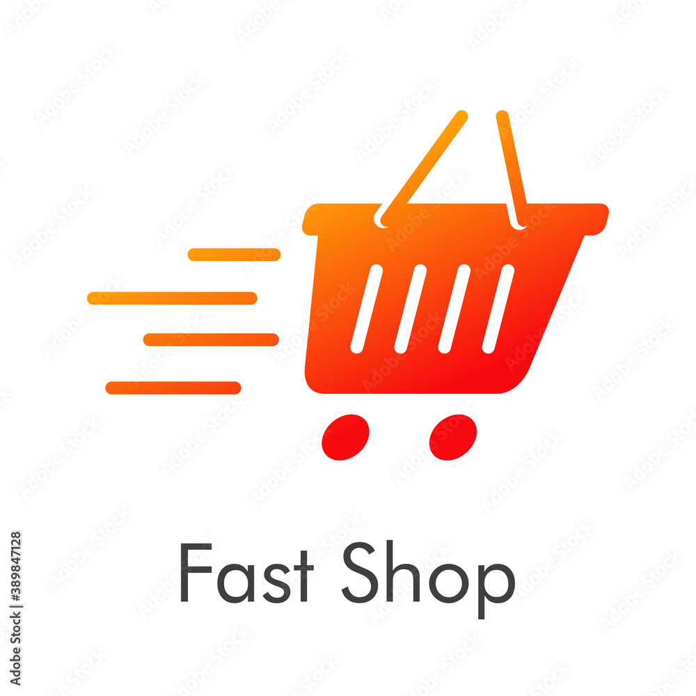 Tienda en línea. Logotipo con texto Fast Shop con cesta de la compra con líneas de velocidad y ruedas en color naranja