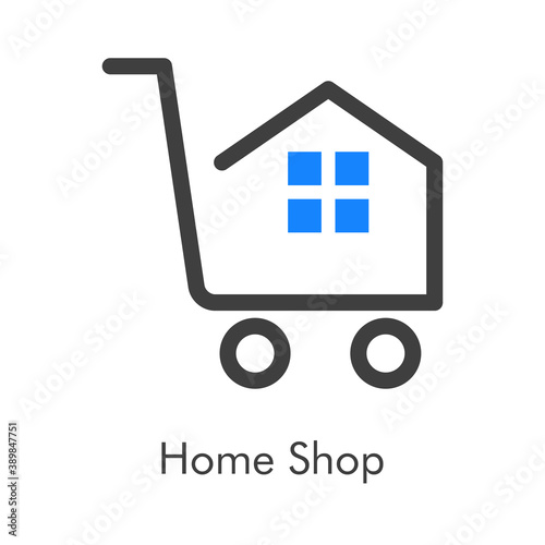 Logotipo con texto Home Shop con carrito de la compra con tejado de casa y ventanas con lineas en azul y gris