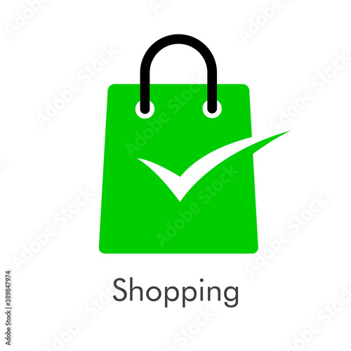Símbolo de tienda en línea. Logotipo con texto Shopping con bolsa de la compra con tilde de casilla de verificación en color verde