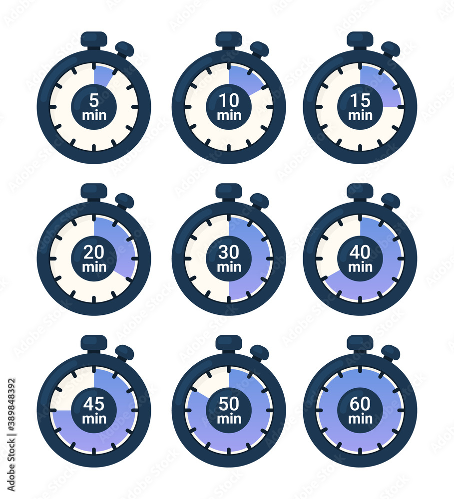 Timer, clock, stopwatch set icons. Vector illustration of clock isolated on white. Timer, clock, stopwatch set icons. Vector illustration of clock isolated on white.