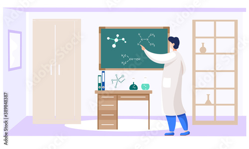 A practical explanation of the new topic. Teacher works at the school. Chemistry lesson. Experiment in classroom. Pastime in the educational institution. Guy writes a molecule formula on a blackboard