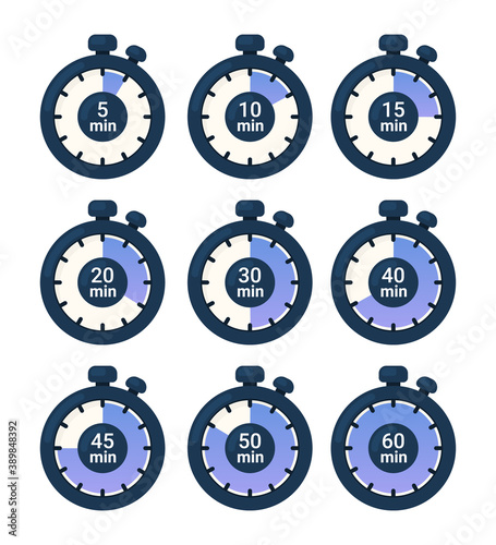 Timer, clock, stopwatch set icons. Vector illustration of clock isolated on white.