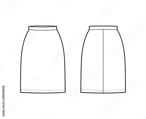 Skirt sheath technical fashion illustration with straight knee silhouette, pencil fullness, thin waistband. Flat bottom template front, back, white color style. Women, men, unisex CAD mockup