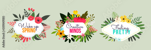 Vector set of romantic illustration with beautiful flower, berry and leaves around frame on green background.