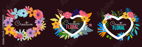 Floral romantic template with tropical leaves and flower around frame. Vector set of beautiful illustration