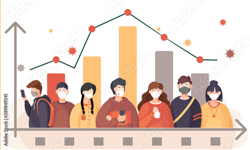 Covid-19 or coronavirus spread of infection concept with diverse people wearing a surgical face masks and respirators. Image of students in quarantine saving from illness and virus change graph