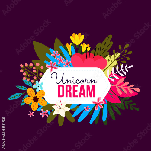 Vector romantic nature illustration of floral template with beautiful flower, berry and leaves with frame on black background.
