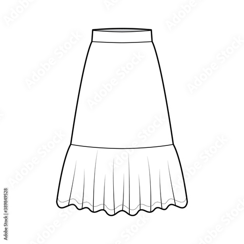 Skirt flounce technical fashion illustration with below-the-knee lengths, A-line silhouette, thick waistband . Flat bottom template front, white color style. Women men unisex CAD mockup