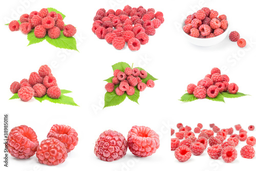 Collage of sweet raspberry on a white background