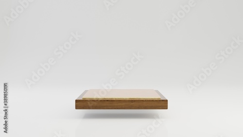 Levitating square wooden podium with gold top isolated on white background. 3d rendered minimalistic abstract background concept for product placement.