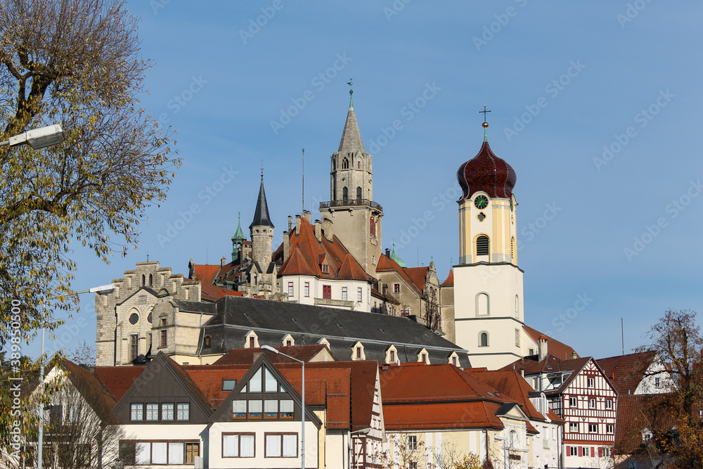 Beautiful view of Sigmaringen.Castle of Sigmaringen and cityscape .