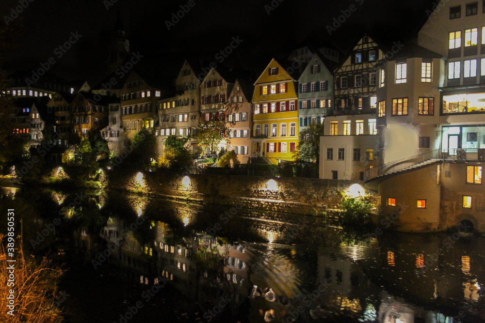 Fototapeta premium Tubingen at night , view of colorful houses in riverside.Famous old town in Germany, tourism and travel concept.