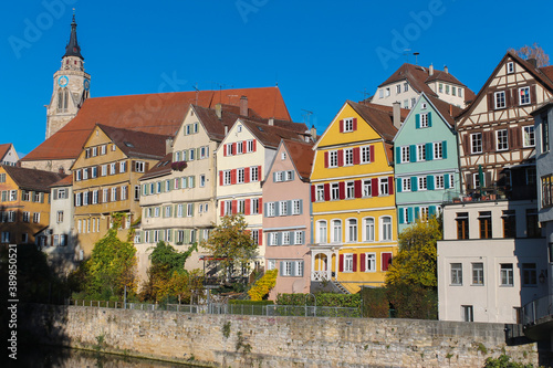 Tubingen view of colorful houses in Neckar riverside.Old and famous historical town in Germany, tourism and travel concept.