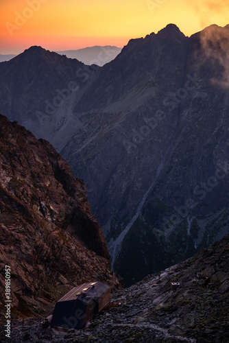 Fototapeta Naklejka Na Ścianę i Meble -  Mountain refuge Chata pod Rysmi at hight 2250m above sea level is the highest mountaing refuge in High Tatras mountains. 